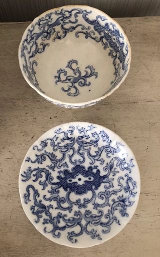 Antique Asian Chinese? Blue & White Porcelain Bowl & Plate Octopus Design Signed