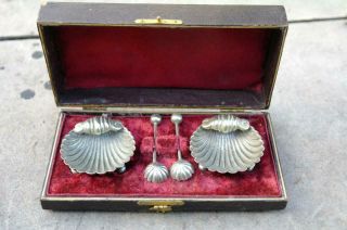 Antique Silver Plated Clam Shell Salt Cellars In Leather & Red Velvet Box 1890 