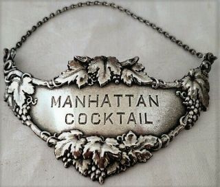 Gorham Sterling Silver “manhattan Cocktail” Liquor Bottle Tag W/chain Nr