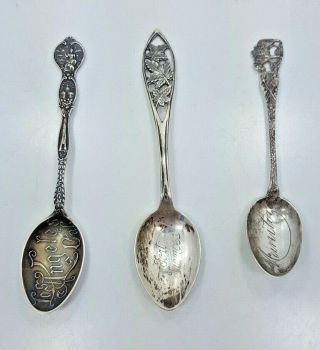 3 Vintage Sterling Silver Souvenir Spoons - La,  Ca,  Fort Frances Can,  Manitoba?