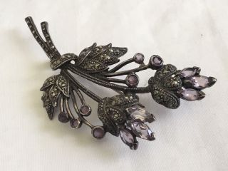 Vintage Sterling Silver And Marcasite Floral Decorated Brooch With Amethyst Ston