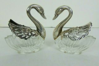 Vintage 2 Swan Salt Cellars Silver Plated With Crystal Glass Made In Italy