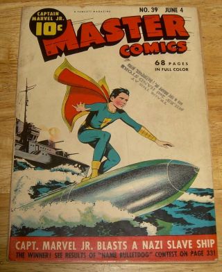 Master Comics 39 Fawcett Captain Marvel Jr.  Wwii Classic Surfing Cover Raboy