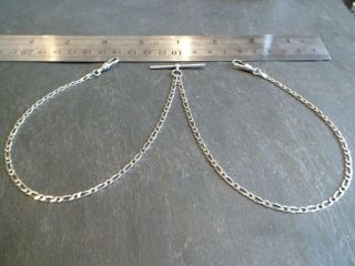 Vintage Solid Silver Double Albert Pocket Watch Chain Style T - Bar Necklace