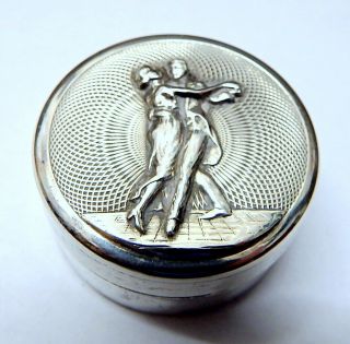 Marked Solid Silver: Lidded Pill Box: Ballroom Dancers Motif: Engine Turned:
