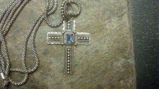 Topaz And Sterling Silver Cross Necklace Silver Bead Chain 30 Inches Long