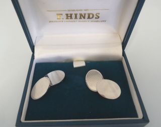Boxed Pair Solid Silver Oval Engine Turned Cufflinks.  Birmingham 1955.