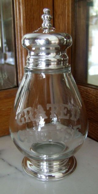 An Antique Sterling Silver And Etched Glass Grated Cheese Shaker By Whiting