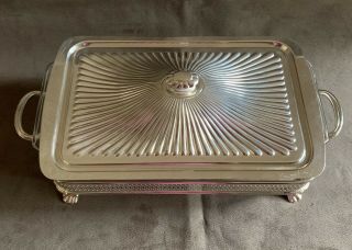 Vintage Footed Silver Plated Serving Tray With Pyrex Dish