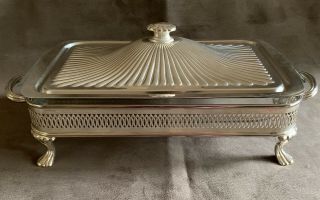 Vintage Footed Silver Plated Serving Tray With Pyrex Dish 2
