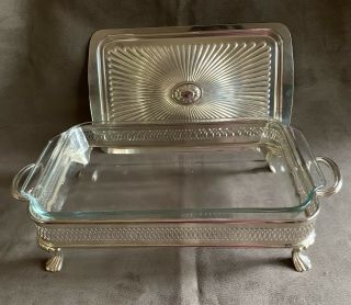Vintage Footed Silver Plated Serving Tray With Pyrex Dish 5