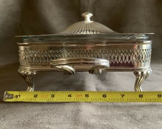 Vintage Footed Silver Plated Serving Tray With Pyrex Dish 7