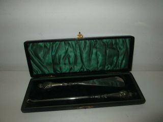 Antique Boxed Ornate Silver Topped Shoe Horn & Button Hook Hallmarked 1906