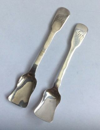 Set Of 2 X Antique 1827 Georgian Solid Silver Salt Mustard Condiment Spoons.
