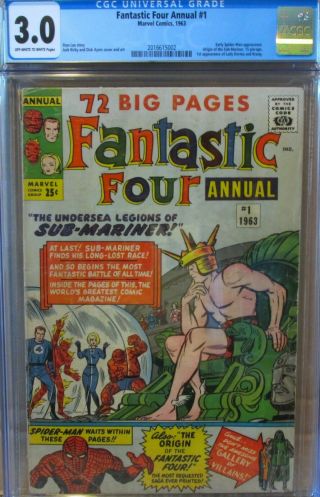 Fantastic Four Annual 1,  Cgc 3.  0,  Spider - Man,  Origin Sub - Mariner 1963 Stan Lee