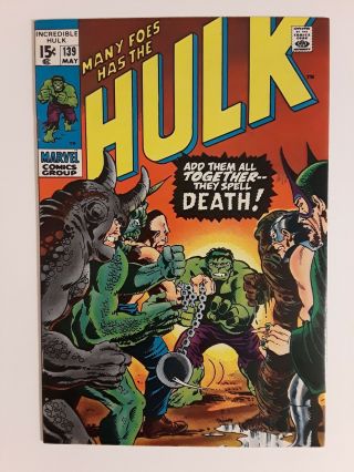 Incredible Hulk 139 (vf - 7.  5) 1971 Leader Appearance; Herb Trimpe Cover & Art