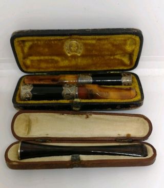 3 Cheroot Cigarette Holders Silver Amber Faux Tortishell All In Fitted Cases.
