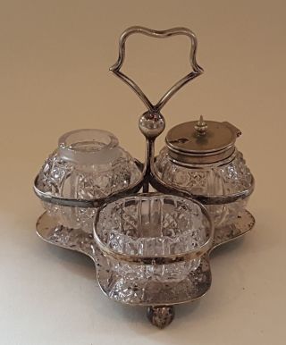 Silver Plate Electroplate Vintage Victorian Antique Glass Cruet Condiment Set