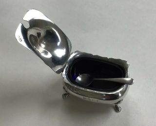 Edwardian Solid Silver Salt / Mustard Condiment Pot With Blue Liner,  Spoon