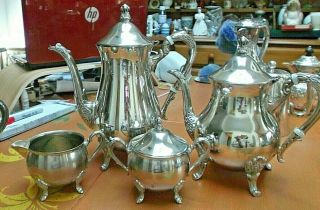 Silver - Plated Vintage Footed Teapot & Coffee Pot Milk Jug & Sugar Marked M & R