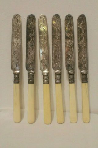Hh&s Henry Hobson Sheffield Antique Etched Knives Silver Plate Cutlery 6 Knives
