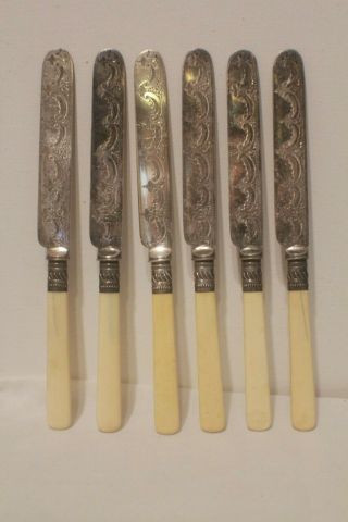 HH&S Henry Hobson Sheffield Antique Etched Knives Silver Plate Cutlery 6 knives 2