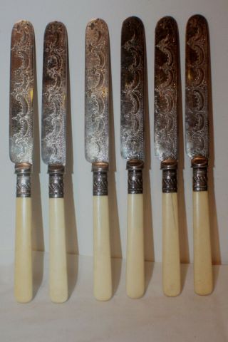 HH&S Henry Hobson Sheffield Antique Etched Knives Silver Plate Cutlery 6 knives 6