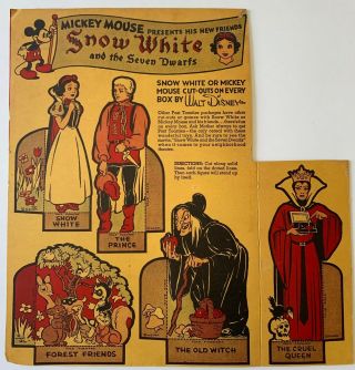 1937 Post Toasties Cereal Snow White Cutouts.  No Fading,  For Age
