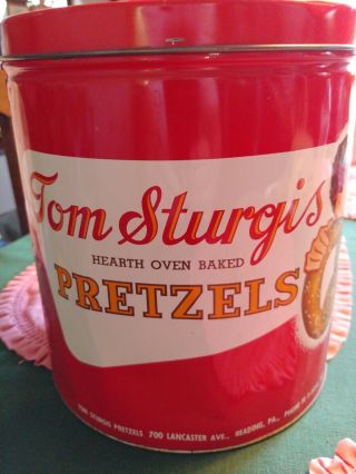 Vintage Large Tom Sturgis Old Fashioned Pretzels Tin / Can With Lid - Reading Pa