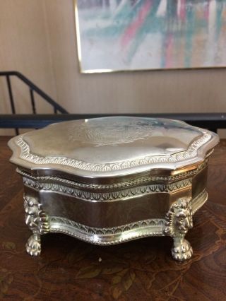 Vintage International Silver Co.  Silver Plated Jewelry Box,  Lions Crest & Feet