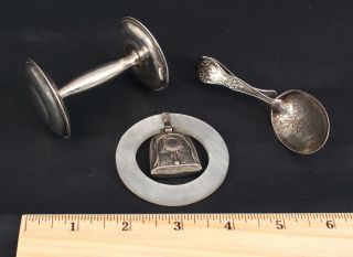 Antique Sterling Silver Mother Goose Baby Spoon,  Baby Rattle & Teething Ring