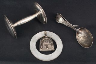 Antique Sterling Silver Mother Goose Baby Spoon,  Baby Rattle & Teething Ring 2