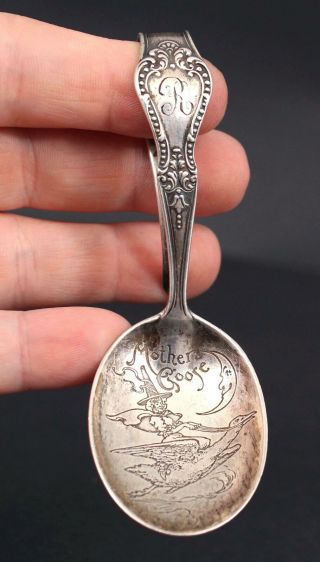 Antique Sterling Silver Mother Goose Baby Spoon,  Baby Rattle & Teething Ring 3