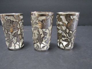 3 Sterling Silver Overlay Shot Glasses Tequila Cordial Sippers 2 " Floral Motifs