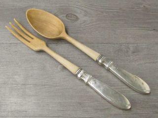 Wooden Salad Serving Spoon,  Fork Set W.  Sterling Silver Handles