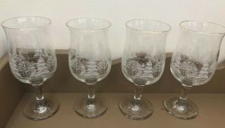 4 Arby’s Christmas Goblets Winter White Frosted Pine Trees Stemmed Glasses