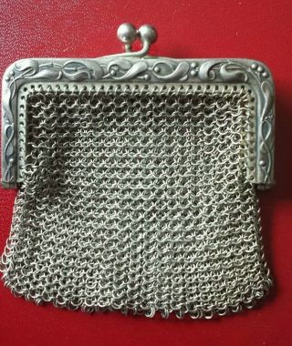 Vintage Art Noveau 800 Grade Silver Ladies Chain Mail Coin Purse / Pouch 3