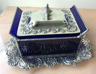 Antique Silver Plated Butter Dish Victorian Blue Glass Lidded Scallop Shell