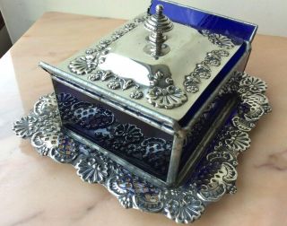 Antique Silver Plated Butter Dish Victorian Blue Glass Lidded Scallop Shell 2