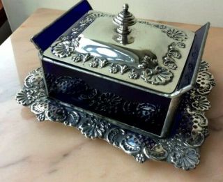 Antique Silver Plated Butter Dish Victorian Blue Glass Lidded Scallop Shell 3