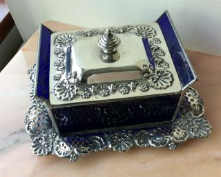 Antique Silver Plated Butter Dish Victorian Blue Glass Lidded Scallop Shell 4