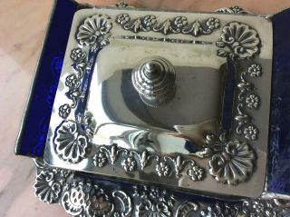 Antique Silver Plated Butter Dish Victorian Blue Glass Lidded Scallop Shell 5