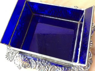 Antique Silver Plated Butter Dish Victorian Blue Glass Lidded Scallop Shell 7