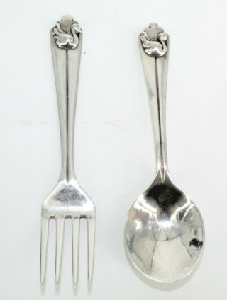 Vintage 2 Pc Sterling Silver Baby Spoon & Fork Chicken Rooster Topper Mexico 4 "