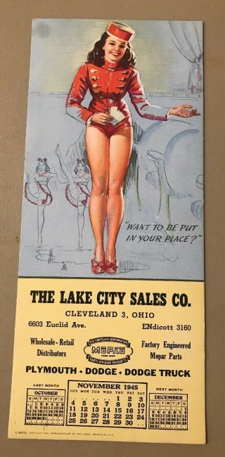 1945 Pin Up Girl Brown & Bigelow Mopar Advertising Ink Blotter Calendar Card