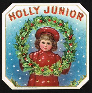 C1900 Cigar Box Label Antique Calvert Litho Holly Junior Christmas Holly Wreath