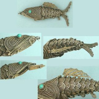 Vintage Sterling Silver Filigree Fish Case Mid 20th Century