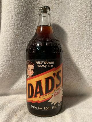 Full 32oz Dad’s Root Beer Mama Size Paper Label No Deposit Soda Bottle