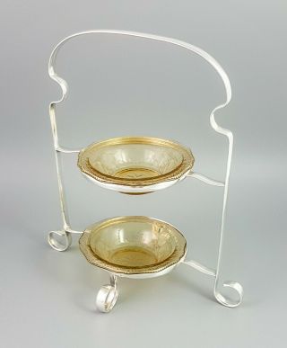 Art Deco Silver Plate 2 - Tier Dessert Candy Holder Stand Carnival Glass Bowls