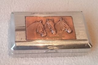 Antique Art Deco Silver Plate Cigarette Case Box Bronze Ef Plaque Horse Racing